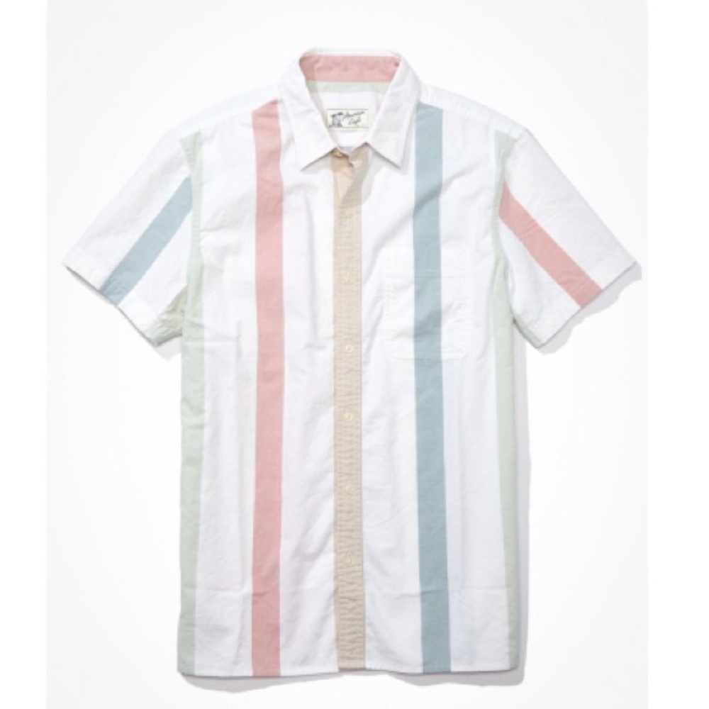 American Eagle Outfitters Men's Striped Shirt - Cream, Green, Pink, Blue